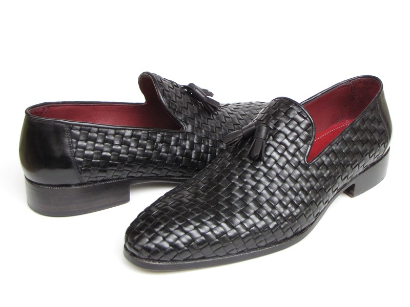 Paul Parkman 085 Black Genuine Woven Leather Loafer Shoes With Tassel